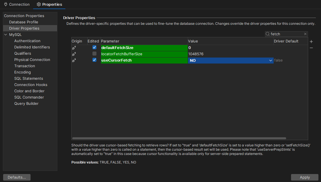 Driver Properties in DbVisualizer interface