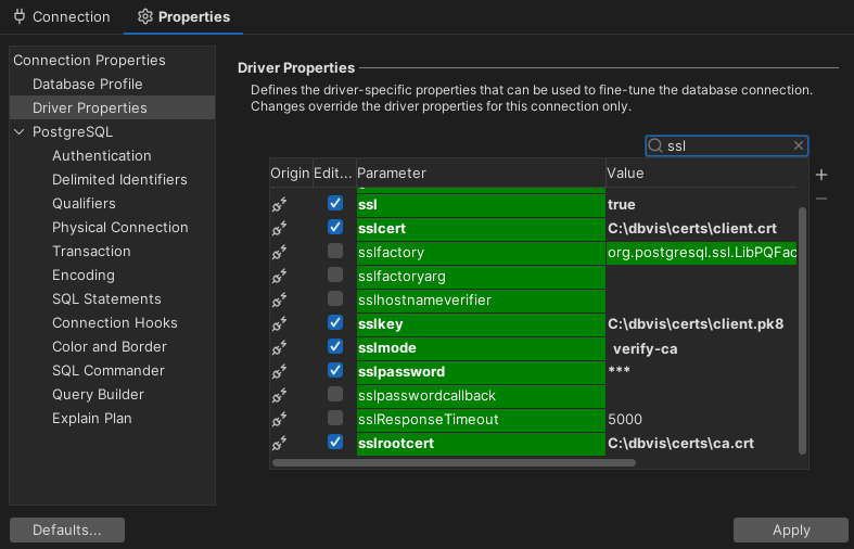 SSL settings in DbVisualizer