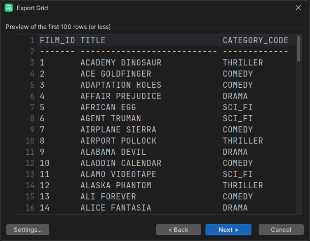 Screenshot of the Preview Page in the export wizard