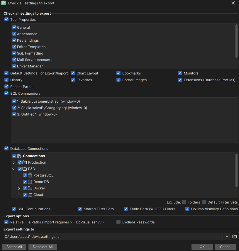 Export settings dialog in DbVisualizer
