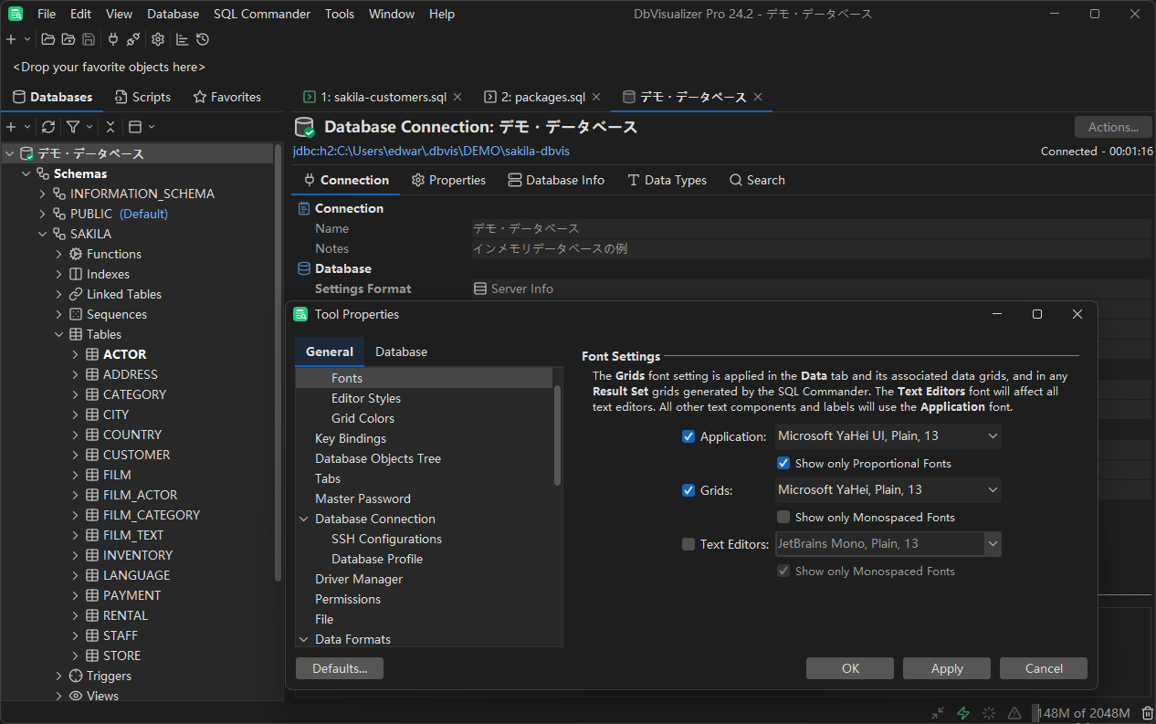 Example of font settings in DbVisualizer programming interface using Chinese