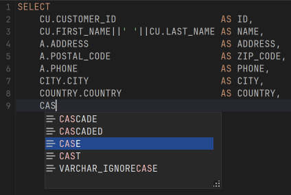 Screenshot of auto completion list showing keywords in SQL editor