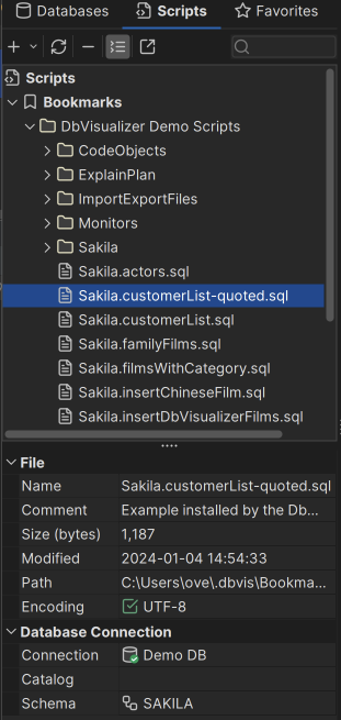 Screenshot of DbVisualizer's interface showing the bookmarks tab