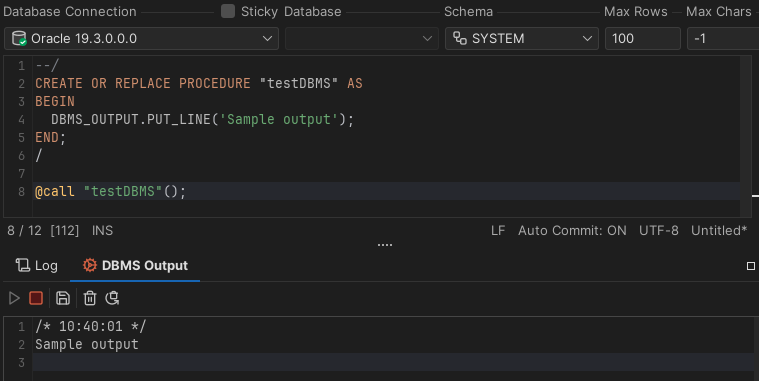 Example of the DBMS Output tab in use