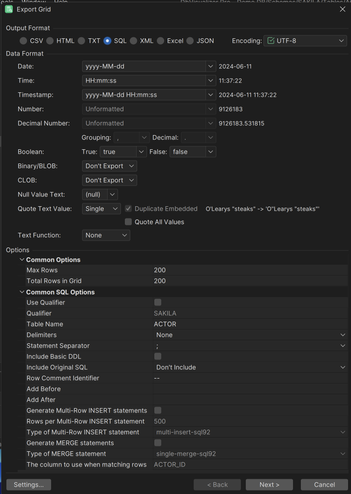 Export Table Window Example
