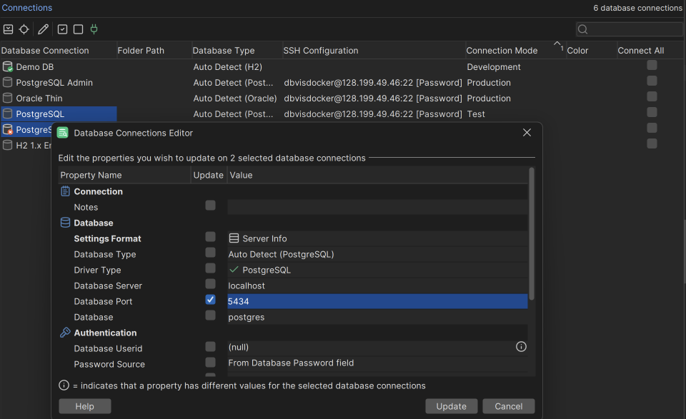 Screenshot showing how to select and edit multiple database connections
