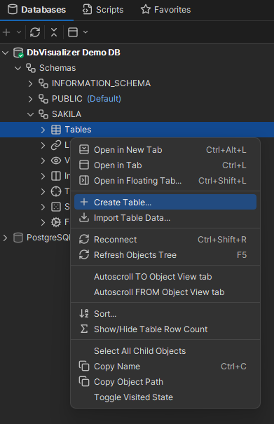 Launching Create Table Dialog