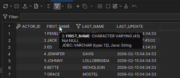 A screenshot demonstrating a grid column header tooltip in DbVisualizer GUI.