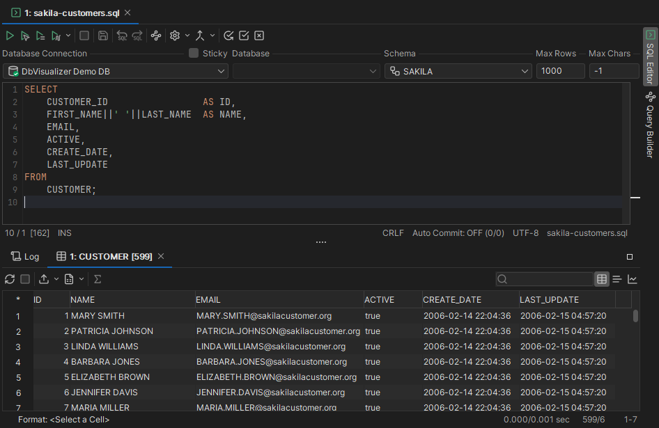 Screenshot of DbVisualizer SQL Commander Tab