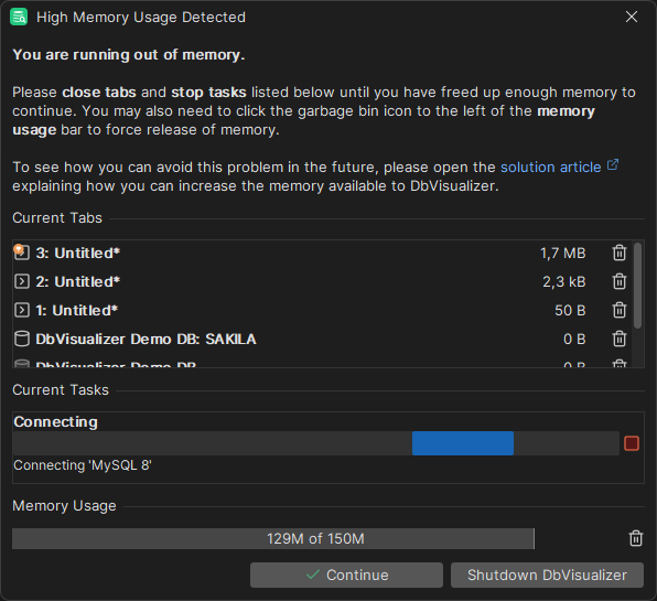 High Memory Usage window in DbVisualizer