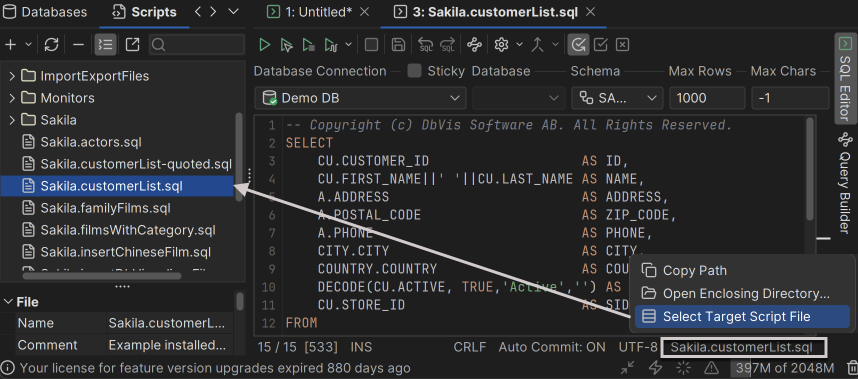 Screenshot highlighting how to navigate to script location in SQL editor