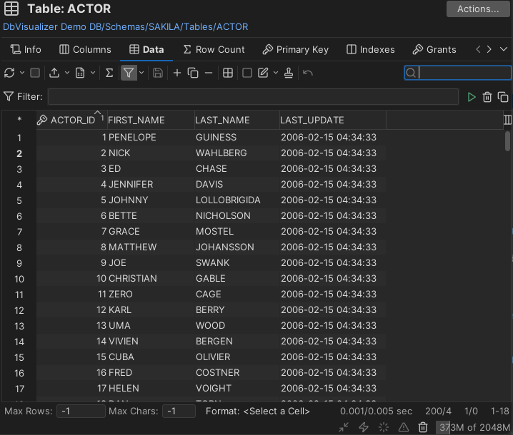 Example of Data tab
