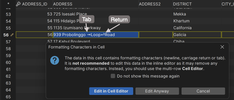 Warning when trying to edit control characters