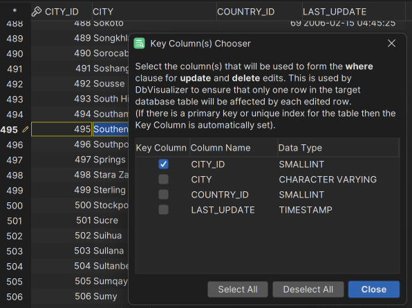 Key column chooser interface