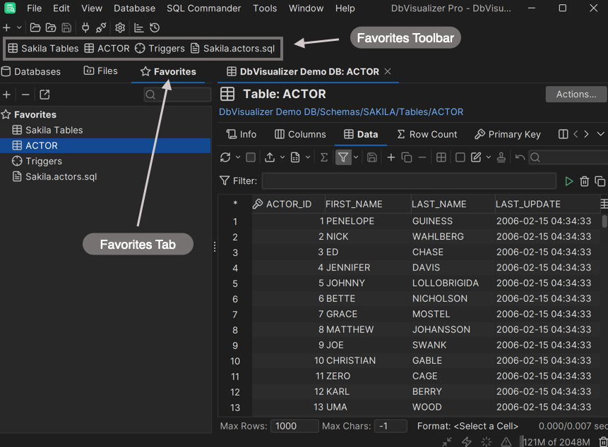 Screenshot of Favorites toolbar with database object