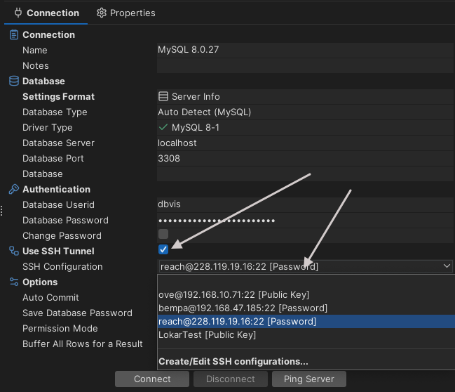 Enabling SSH Tunnel for a database connection