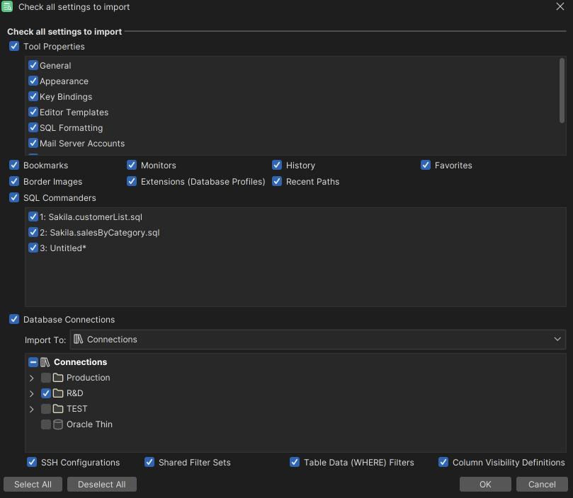 Import settings dialog in DbVisualizer