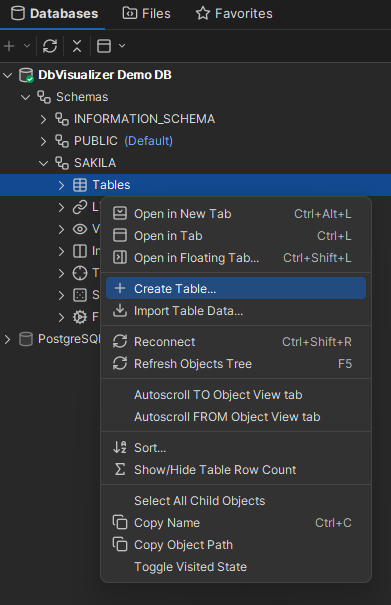 Launching Create Table Dialog