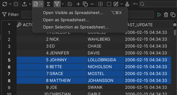 DbVisualizer open as spreadsheet screenshot