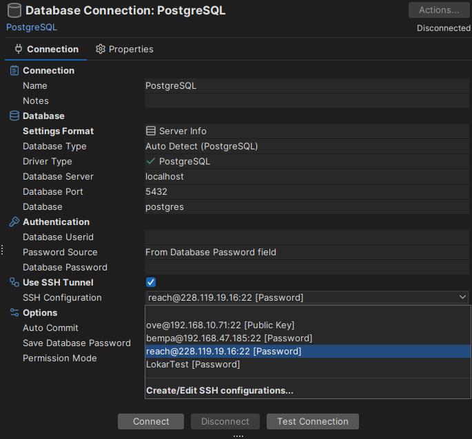 Enabling SSH Tunnel for a database connection