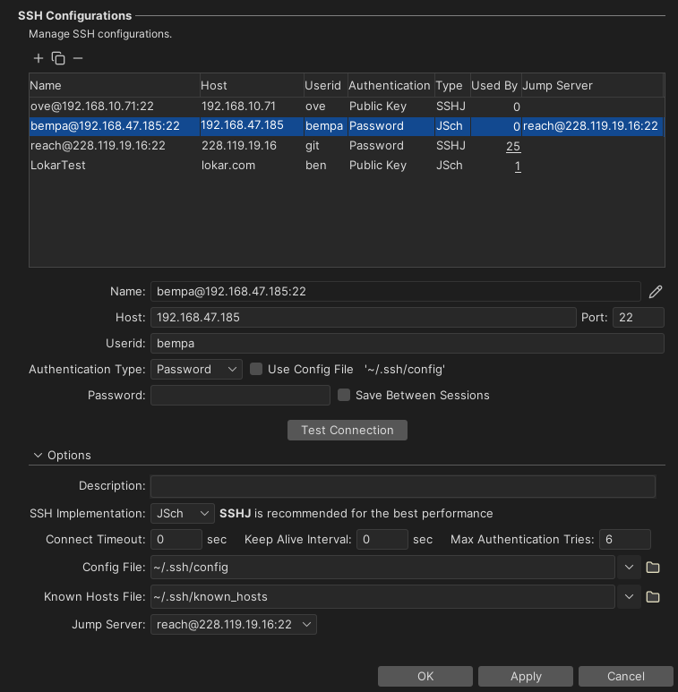 SSH Configurations grid
