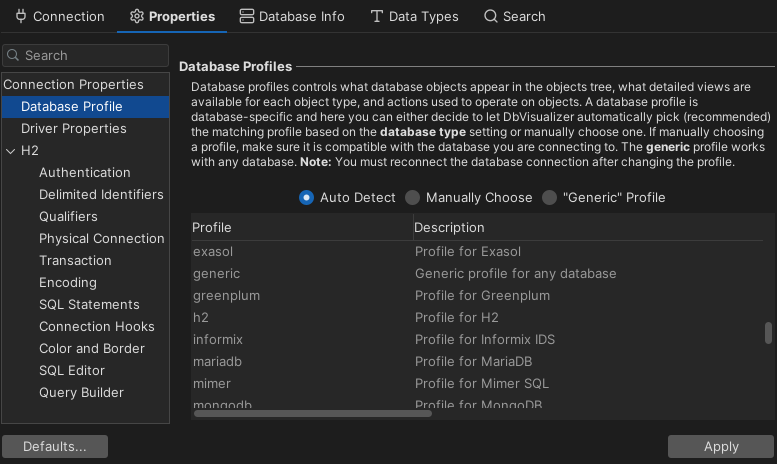 Database Profile in DbVisualizer interface
