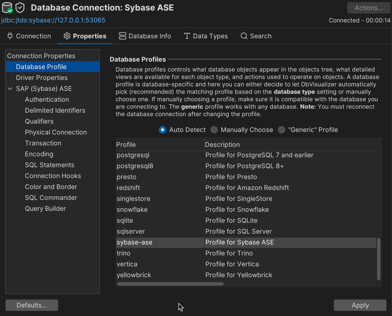Database Profile list showing all attributes