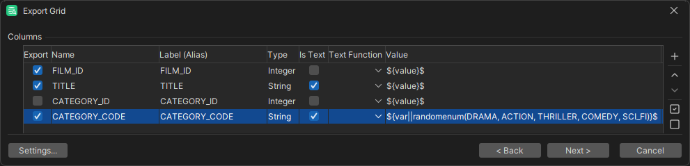 Screenshot of Data Settings during export