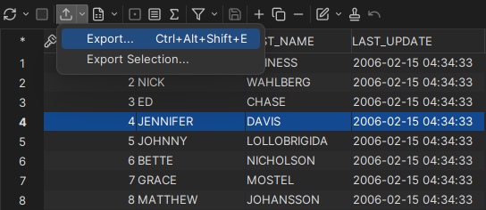 Export actions in the toolbar