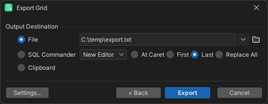 Screenshot of the Output Destination in the Export Wizard