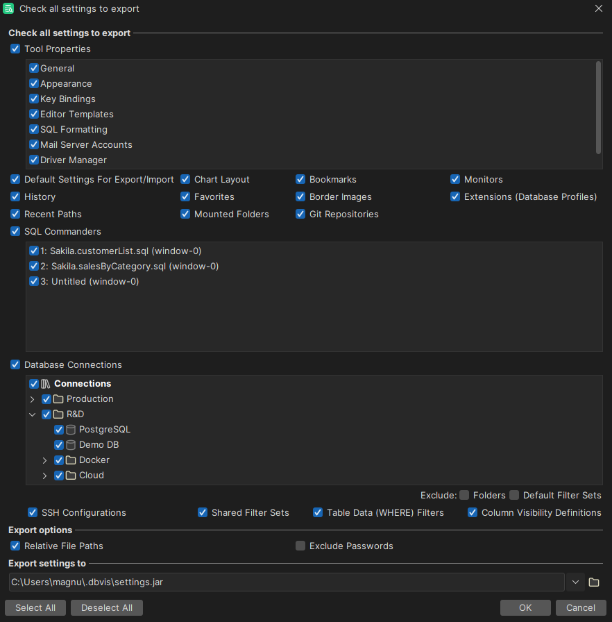 Export settings dialog in DbVisualizer