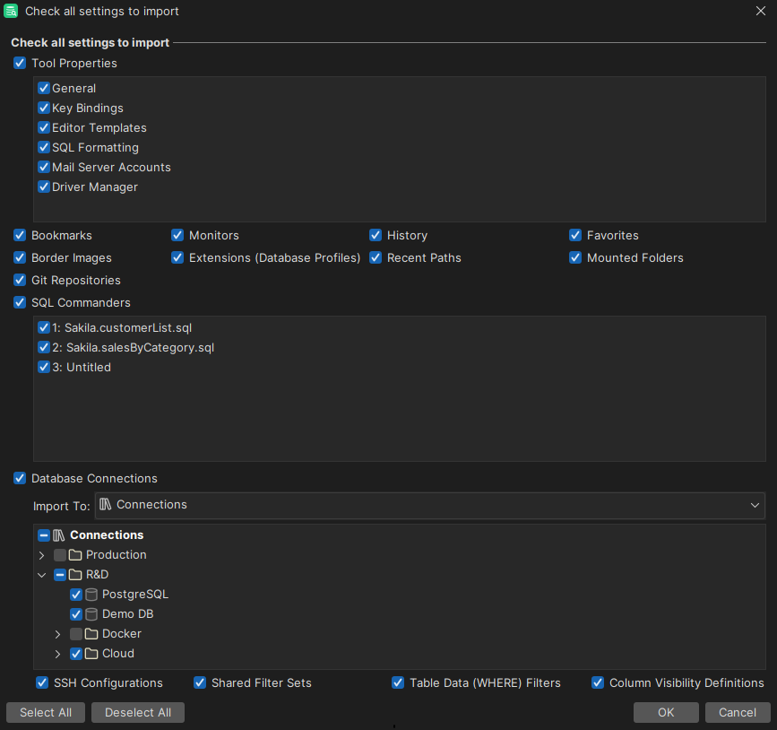 Import settings dialog in DbVisualizer