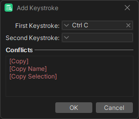 Conflict area showing conflicting actions for a key binding