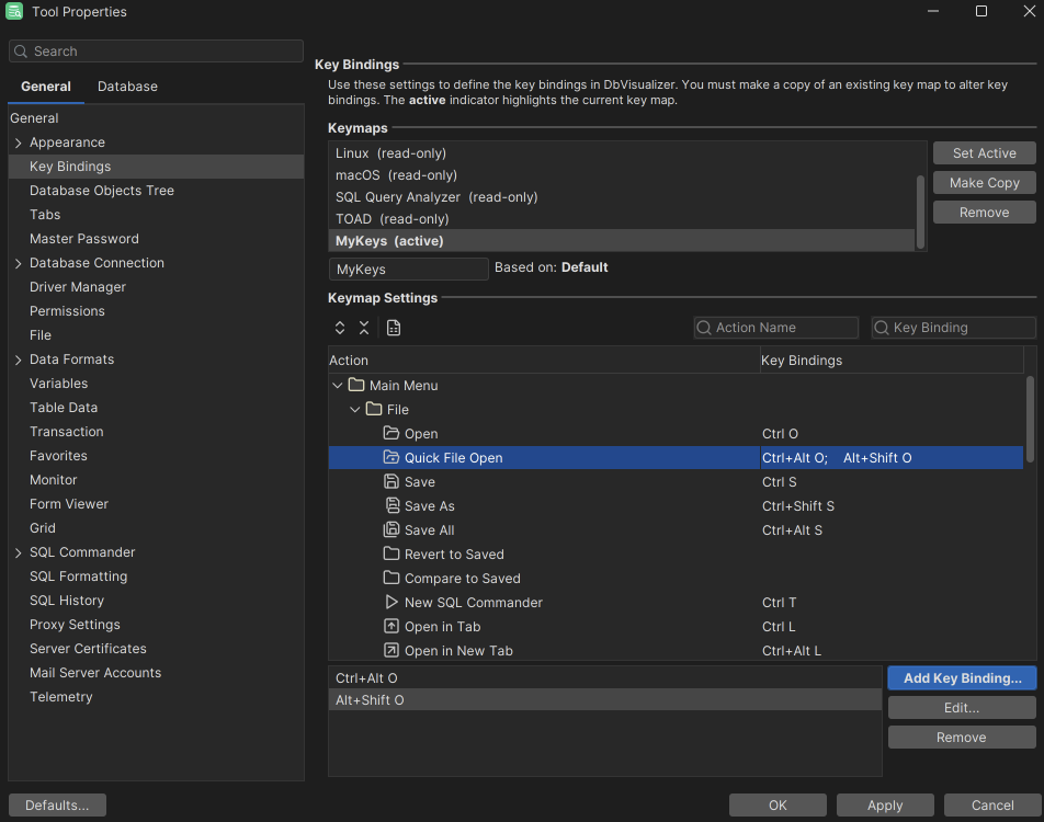 Process of creating new keymap in DbVisualizer