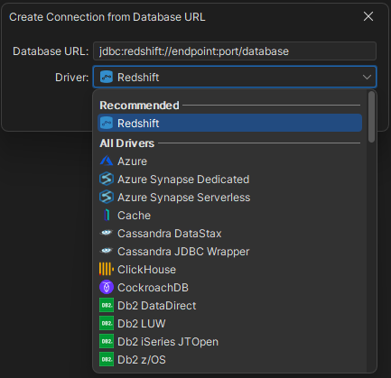 Dialog to edit or paste JDBC URL