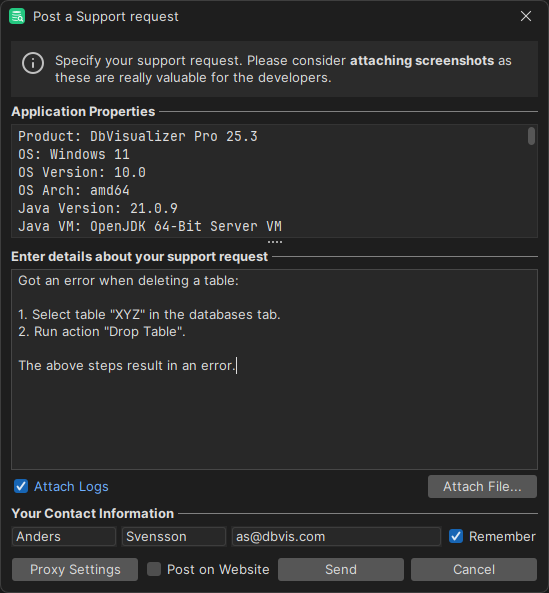 Screenshot of Contact Support in DbVisualizer