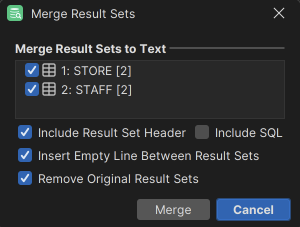 Dialog for merging result sets