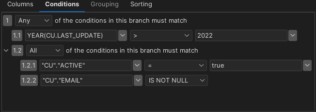 Adding conditions in Query Builder