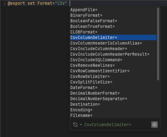 Screenshot showing auto completion for @export set command in SQL editor