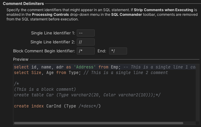 Screenshot of comment settings in SQL Commander editor