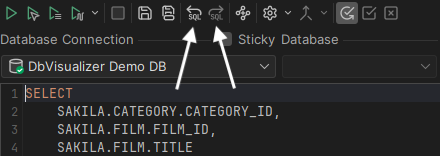 Screenshot showing how to navigate between highlighted matches in SQL editor