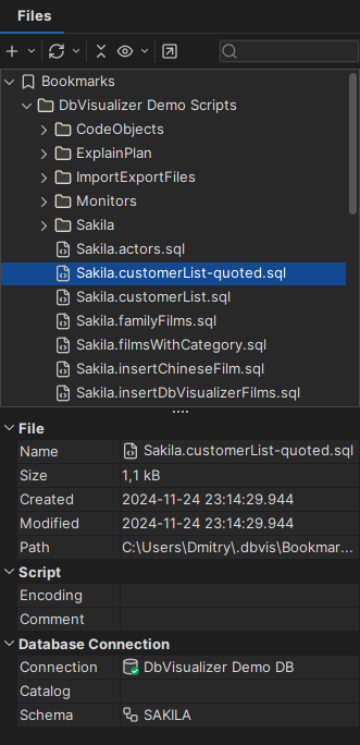Screenshot of DbVisualizer's interface showing the bookmarks tab