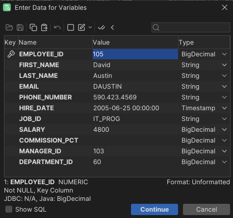 Script generated by DbVisualizer representing values and column characteristics