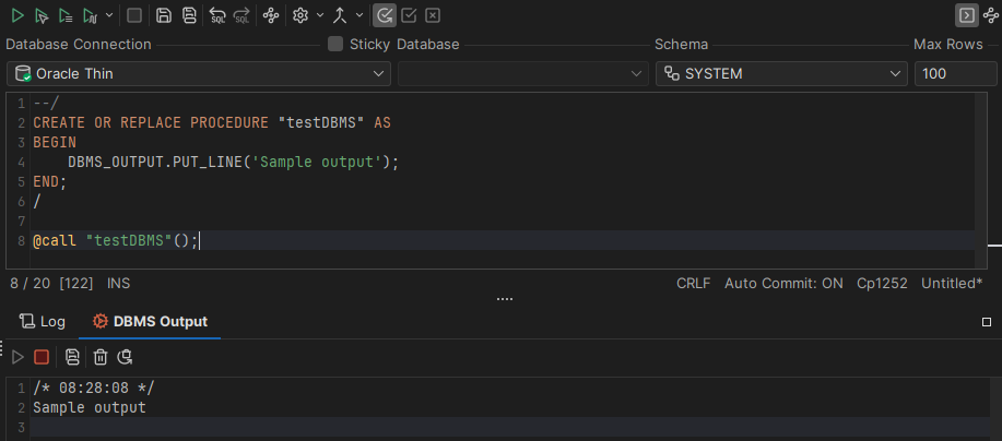 Example of the DBMS Output tab in use