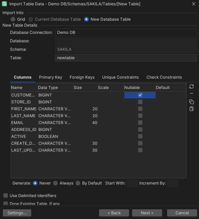 Screenshot of Adjusting Table Declaration in DbVisualizer