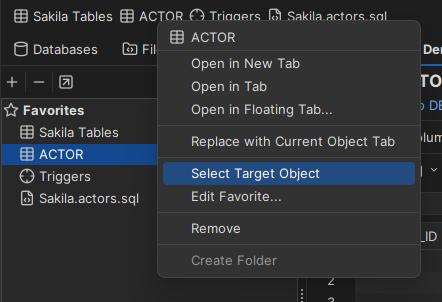 Screenshot of Select Target Object menu in Favorites toolbar