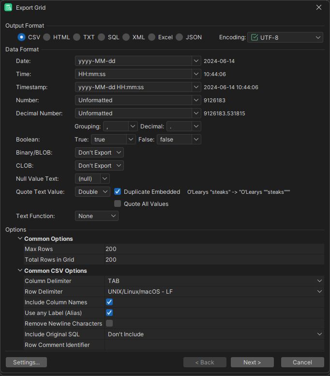 Screenshot of the Settings Page in the Export Wizard