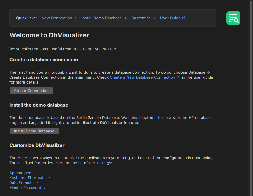 DbVisualizer welcome panel