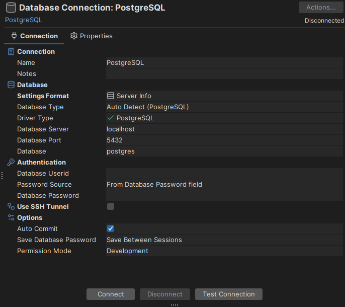 Connection details setup interface