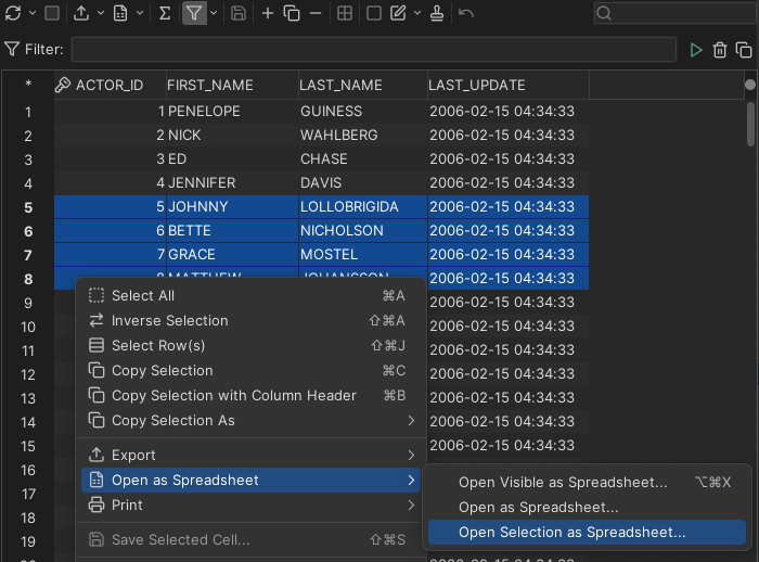 DbVisualizer open visible as spreadsheet screenshot